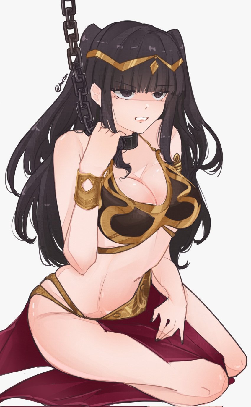 1girls alternate_costume angry artist_name belly_dancer belly_dancer_outfit bikini black_eyes black_hair bondage bound breasts chain chain_leash chains cleavage collar cosplay female female_only femsub fire_emblem fire_emblem_awakening hair_ornament harem_girl harem_outfit highres large_breasts leash leash_and_collar light-skinned_female light_skin navel nintendo on_knees princess_leia_(cosplay) restrained serafineart1001 slave slave_bikini slave_collar slave_leia_(cosplay) slave_outfit solo star_wars tharja_(fire_emblem) twintails twitter_username watermark white_background