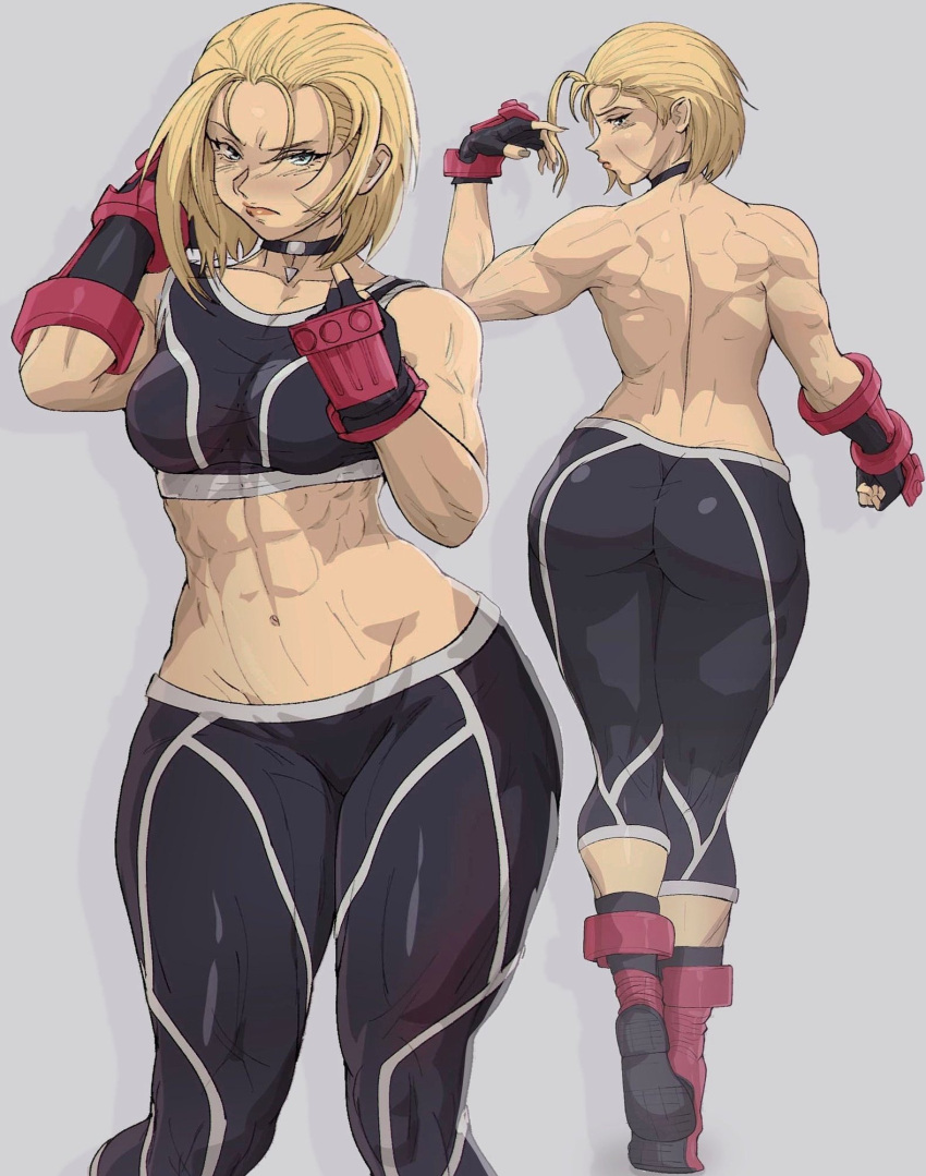 1girls abs ass big_ass big_breasts blonde_hair blue_eyes cammy_white capcom choker female female_only lipstick looking_at_viewer navel solo solo_female solo_focus sports_bra street_fighter street_fighter_6 thick_thighs thighs topless wide_hips yoracrab