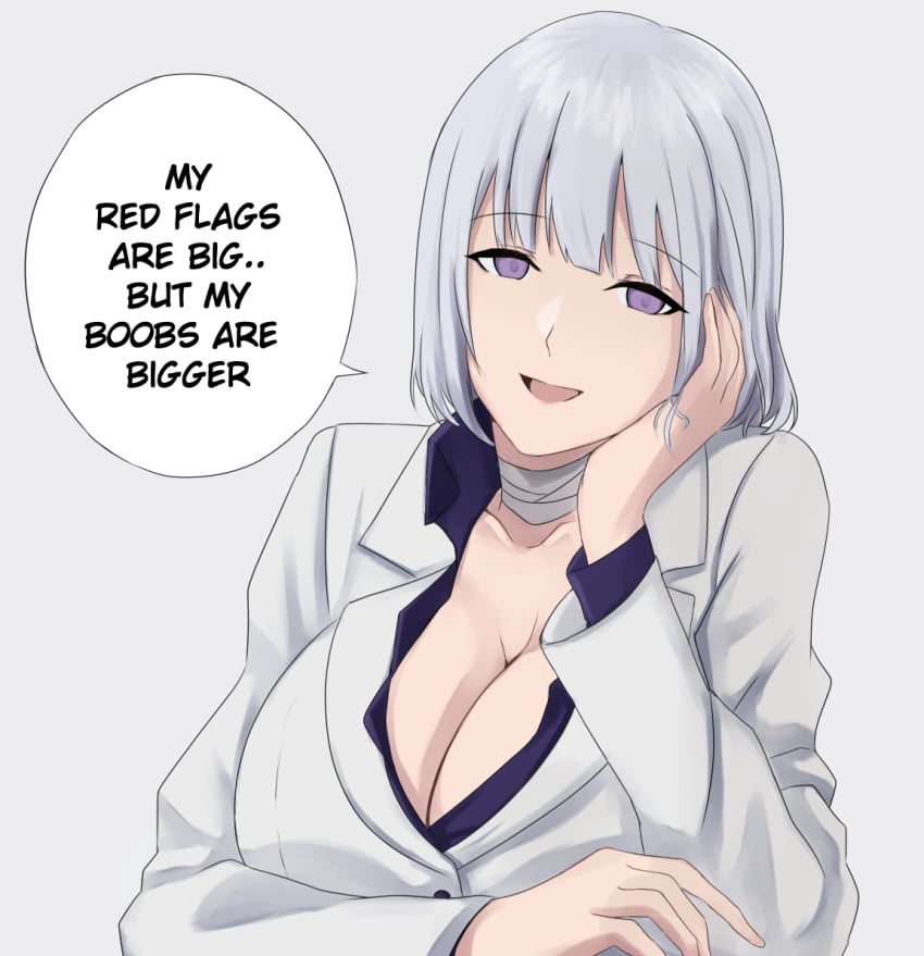 bandaged_neck bandages breasts business_suit cleavage cyka english_text female formal girls'_frontline grey_background grey_hair grey_suit hand_on_own_cheek hand_on_own_face hand_rest huge_breasts long_sleeves looking_at_viewer meme my_red_flags_are_big_but_my_boobs_are_bigger_(meme) official_alternate_costume open_mouth purple_eyes raw_hero rpk-16_(girls'_frontline) rpk-16_(renate)_(girls'_frontline) short_hair simple_background solo speech_bubble suit