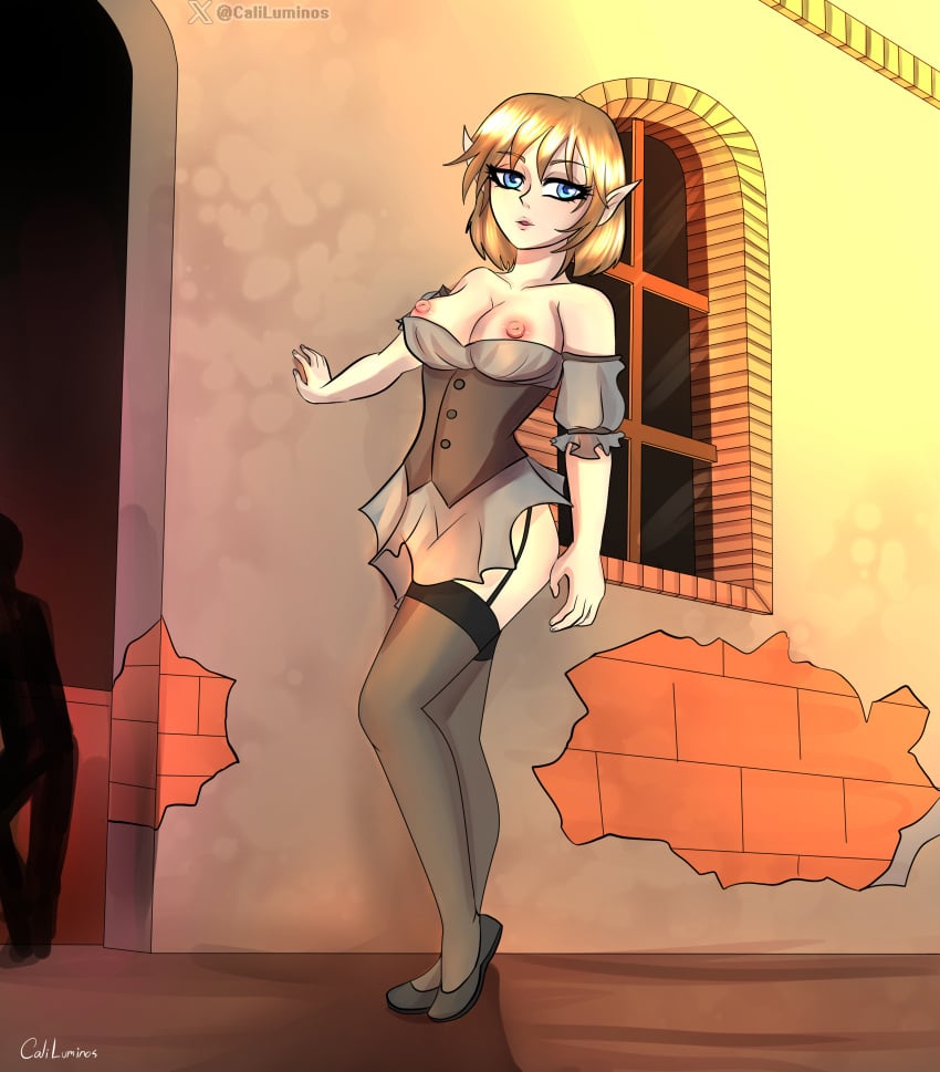 absurd_res blonde_hair blue_eyes breasts breasts_out caliluminos corset courtesan elf exposed_breasts fantasy female garter_straps hi_res humanoid invalid_tag leaning_against_wall medieval outside pale-skinned_female pointy_ears slutty_outfit solo street thighhighs