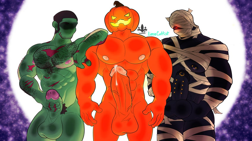 2022 3boys balls bara bara_tits barazoku big_balls big_penis completely_nude cultistlime erection gay hairy_arms hairy_chest halloween hard_on holidays jack-o'-lantern jack_o'_lantern lemonzealot limecultist looking_at_viewer male male/male male_focus male_nipples male_only male_pubic_hair manly mummy muscular_male nipple_piercing nipples nude penis piercing precum precum_drip pumpkin pumpkin_head pumpkin_head_(character) solo_male yaoi zombie