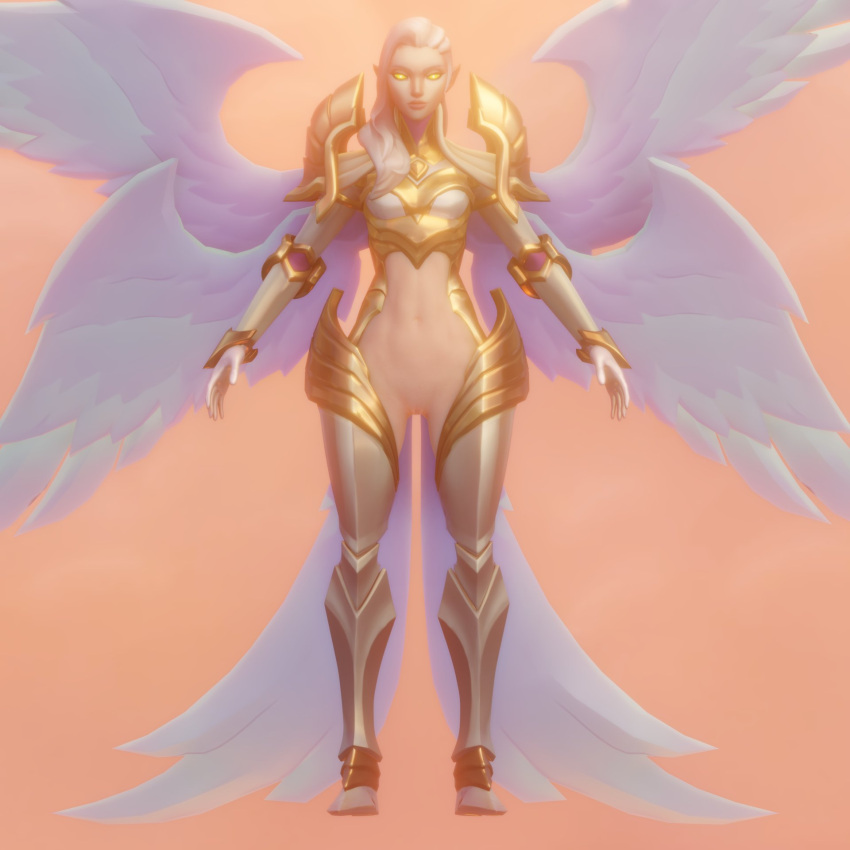 3d_(artwork) 6_wings angel armor blonde_hair bottomless clothed clothing digital_media_(artwork) feathered_wings feathers female front_view genitals hair hi_res humanoid humanoid_pointy_ears kayle league_of_legends multi_wing navel pussy riot_games salsen simple_background solo tan_background thick_thighs unconvincing_armor white_body white_eyes white_feathers wide_hips winged_humanoid wings yellow_sclera