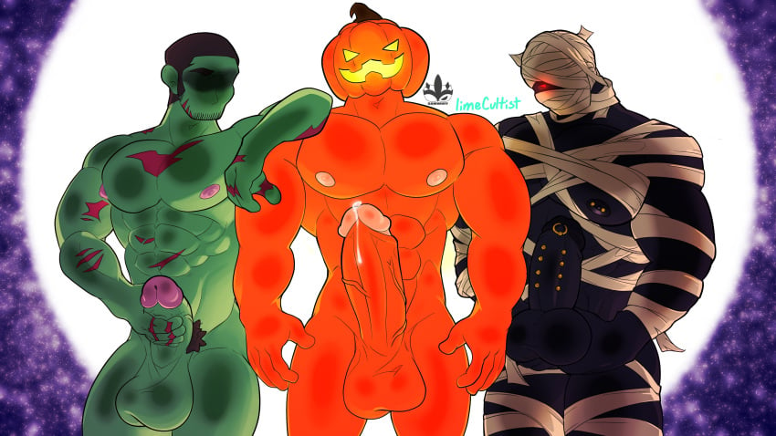 2022 3boys balls bara bara_tits barazoku big_balls big_penis completely_nude cultistlime erection gay halloween hard_on holidays jack-o'-lantern jack_o'_lantern lemonzealot limecultist looking_at_viewer male male/male male_focus male_nipples male_only manly mummy muscular_male nipple_piercing nipples nude penis piercing precum precum_drip pumpkin pumpkin_head pumpkin_head_(character) solo_male yaoi zombie