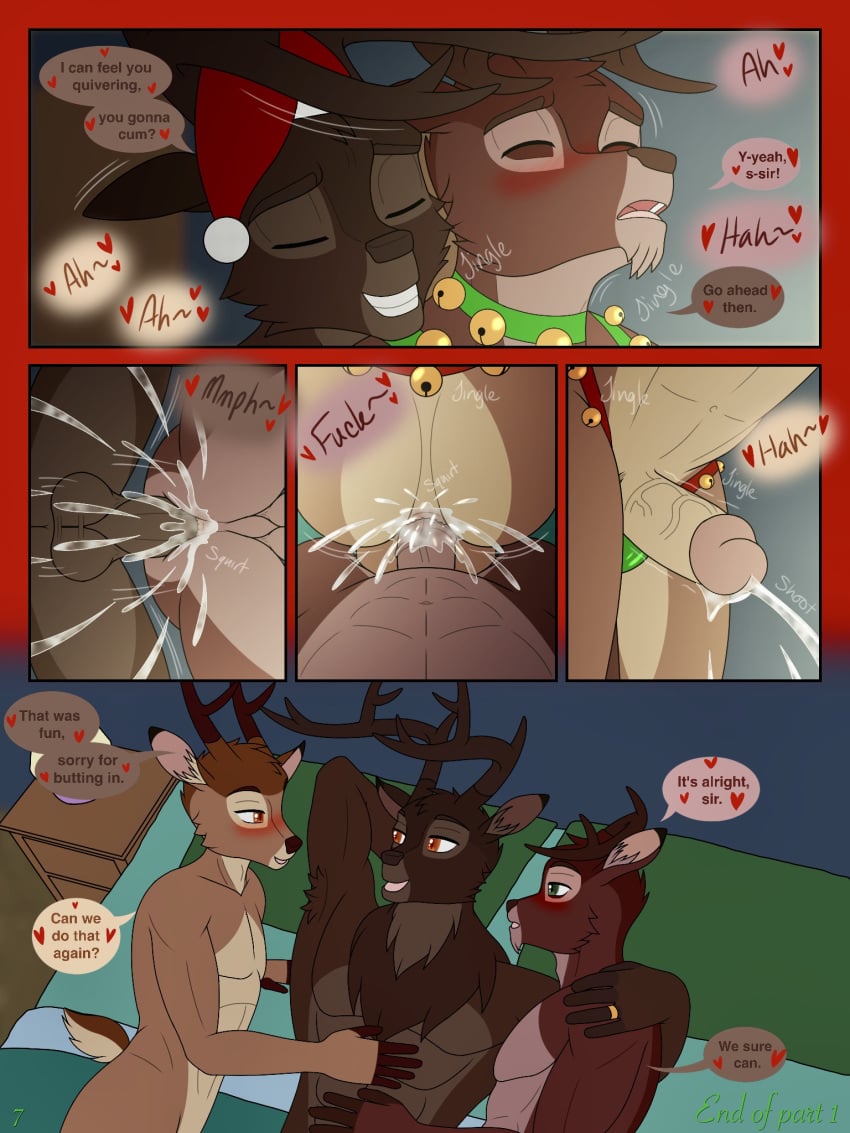 anal anal_sex anthro antlers anus ass bambi bambi_(character) bambi_(film) bell bell_collar bell_harness big_penis blurred_background blush bodily_fluids brown_body brown_eyes brown_fur brown_hair christmas clothed clothing collar comic costume cum cum_in_ass cum_inside cumshot deer dialogue digital_media_(artwork) disney dustin_c ejaculating_while_penetrated ejaculation ejaculation_while_penetrated english_text erection father_(lore) fur gay gay_sex genital_fluids genitals green_eyes group hair harness hi_res holidays horn incest jingle_bell jingle_bell_collar jingle_bell_harness leash looking_at_viewer male male/male male_penetrated male_penetrating male_penetrating_male mammal motion_lines nude open_mouth parent_(lore) penetration penis red_nose ronno santa_costume scut_tail sex short_tail shush smile speech_bubble tail text the_great_prince_of_the_forest tongue topwear trio