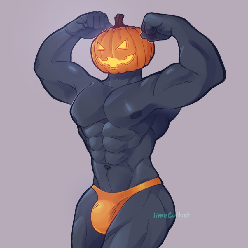 1boy 2022 bara bara_tits barazoku bulge cultistlime flexing_bicep gay halloween holidays jack-o'-lantern jack_o'_lantern lemonzealot limecultist male male_focus male_nipples male_only manly muscular_male nipples penis pumpkin pumpkin_head pumpkin_head_(character) solo solo_male thong underwear yaoi