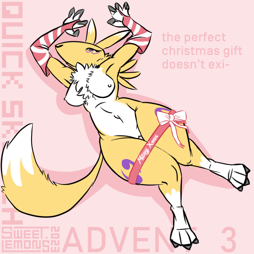 2023 3_toes 4_fingers accessories_only accessory anthro armwear armwear_only ass bandai_namco belly big_breasts big_butt big_tail bound bow_ribbon bow_tie breasts canid chest_tuft christmas claws clothing digimon digimon_(species) digital_drawing_(artwork) digital_media_(artwork) digital_painting_(artwork) english_text feet female festive fingers fluffy fluffy_tail fox_tail fur fur_markings genitals gift gift_wrapped hi_res holidays humor legs_tied legs_together light_body light_fur long_ears long_tail lying mammal markings mostly_nude multicolored_body multicolored_fur neck_tuft nipples nude on_back paws pink_background pinup pose presenting presenting_breasts pussy raised_arms renamon shaded shadow signature simple_background simple_coloring simple_eyes simple_shading solo sweet.lemons tail text thick_thighs toes tuft two_tone_body two_tone_fur two_tone_tail white_body white_fur wide_hips wrapped yellow_body yellow_fur