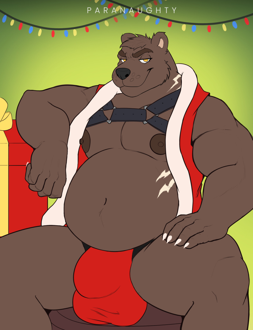 absurd_res anthro balls_outline bear belly big_belly big_bulge brown_bear brown_body bulge christmas christmas_clothing christmas_lights clothed clothing detailed_bulge fur genital_outline gift glare glare_(lighting) glaring glaring_at_viewer glazed_eyes grizzly_bear grolar_bear harness hi_res holiday_clothing holidays hybrid jockstrap looking_at_viewer male mammal moobs nipples oso_the_grolar_bear overweight overweight_male paranaughty polar_bear red_clothing smile smiling_at_viewer smirk smirking_at_viewer solo underwear ursine