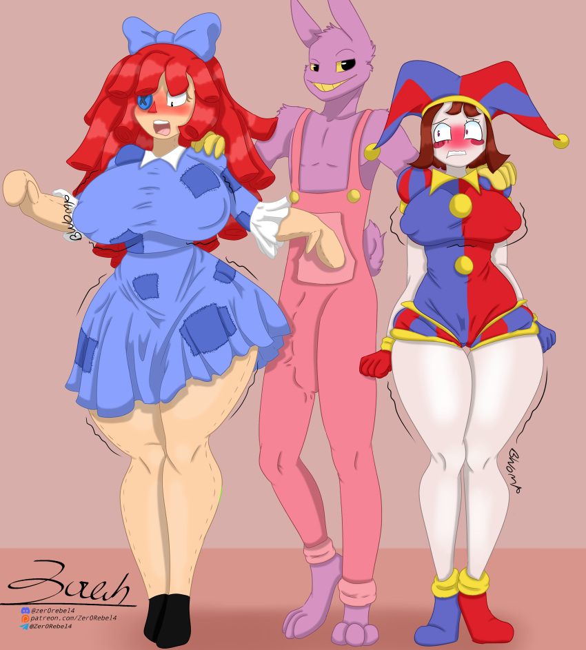 2023 absurd_res accessory animate_inanimate anthro ass big_breasts black_eyes blue_eyes blush blushing_profusely bow_ribbon breast_growth breasts brown_hair bulge butt_growth button_eyes camel_toe clothing curled_hair discord_(app) discord_logo discord_username doll dress female fool's_hat footwear forced forced_growth fur genital_outline gloves group growth hair hair_accessory hair_ribbon hairbow handwear hat headgear headwear heterochromia hi_res huge_breasts human humanoid jax_(the_amazing_digital_circus) jester lagomorph leotard leporid living_doll living_toy male mammal mitten_hands nervous nipple_outline overalls pale_skin patreon patreon_url paws penis_outline pomni_(the_amazing_digital_circus) purple_body purple_fur rabbit ragatha ragatha_(the_amazing_digital_circus) red_eyes red_hair ribbons shocked shoes smile standing telegram telegram_logo telegram_username text the_amazing_digital_circus thick_thighs trio url white_body white_skin wide_hips yellow_sclera zer0rebel4