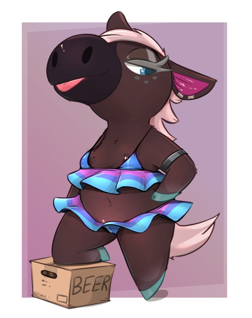 1girls 2023 animal_crossing areolae blep blue_eyes box breasts brown_body cameltoe cream_hair equid equine eyelashes female female_only freckles furry furry_only honeymono hooves mlem nintendo nipples reneigh_(animal_crossing) simple_background small_breasts swimsuit tail tongue