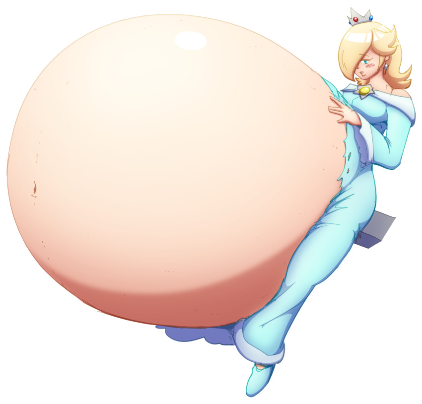 1girls belly_bigger_than_body blonde_hair blue_dress blue_eyes breasts clothing cross-crescent dress elek-tronikz female female_only full_body hyper hyper_belly hyper_pregnancy mario_(series) meat_wall_(body_type) pregnant princess_rosalina simple_background solo solo_female tagme torn_clothes torn_clothing white_background