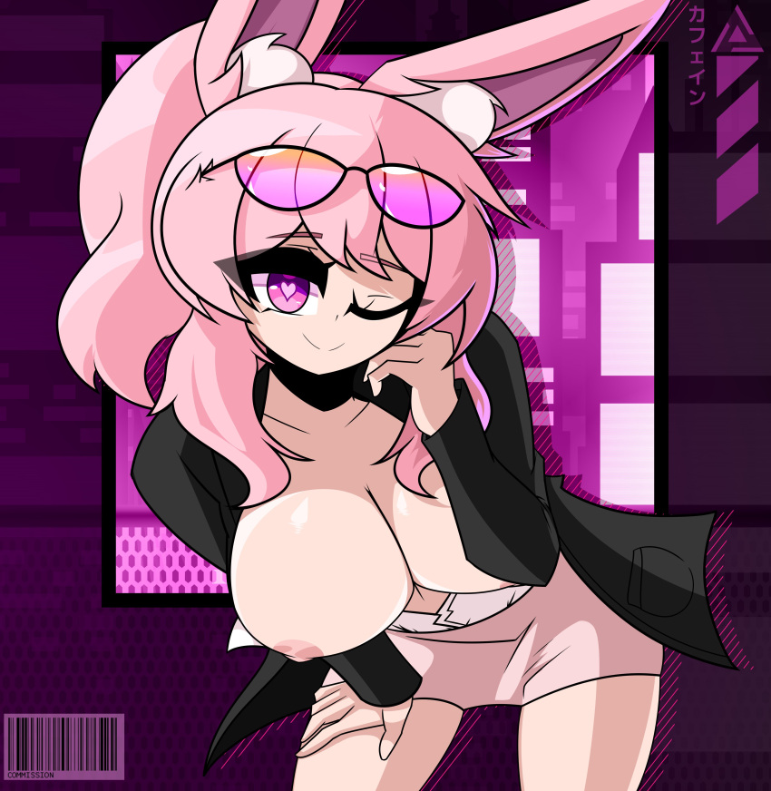 1girls 2023 big_breasts breasts bunny_ears bunny_girl clothing commission female female_only glasses glasses_on_head heart-shaped_pupils kafein light-skinned_female light_skin nipples original_character partially_clothed pink_eyes pink_hair pink_nipples ponytail purple_background solo solo_female sunglasses_on_head wink