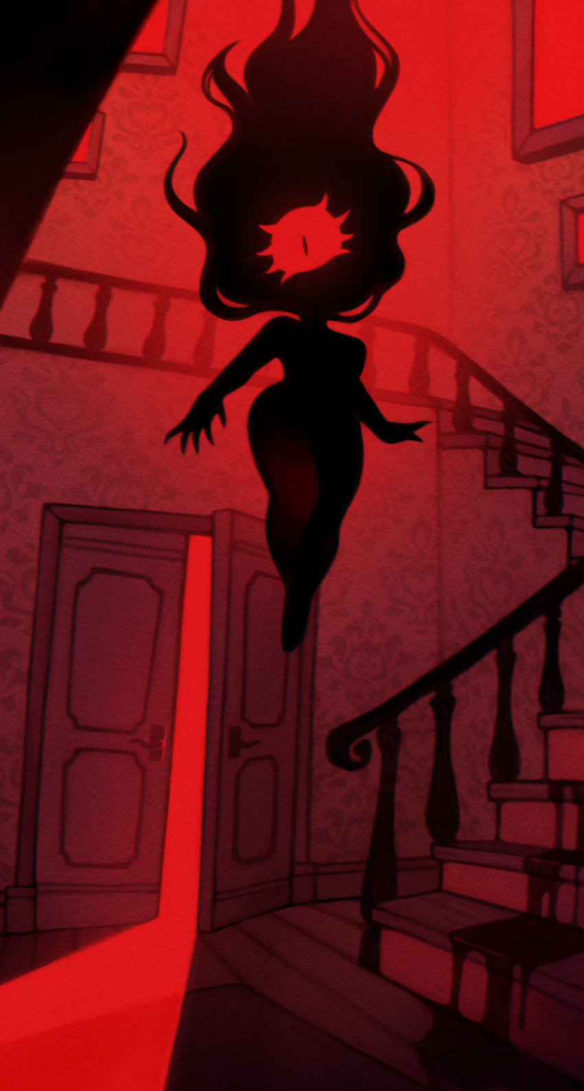 banister black_body blood claws cyclops door eyelashes floating floating_hair house hovering indoors liquid long_hair monster_girl nightmare_waifu red_eyes red_light red_lighting shadow_creature shortstack silhouette stairs wide_hips zombiemiso