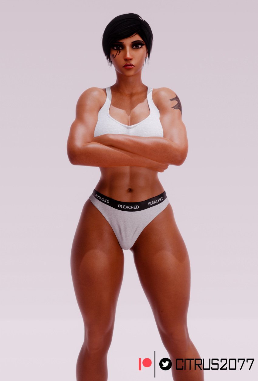 1girls 3d 3d_(artwork) abs alternate_hairstyle ass big_ass big_breasts bleached bleached_clothing blizzard_entertainment bra breasts brown_body brown_skin bubble_ass citrus2077 dark-skinned_female dark_skin egyptian egyptian_female fareeha_amari female fit_female large_breasts muscular_thighs overwatch panties pharah posing thick_thighs tomboy