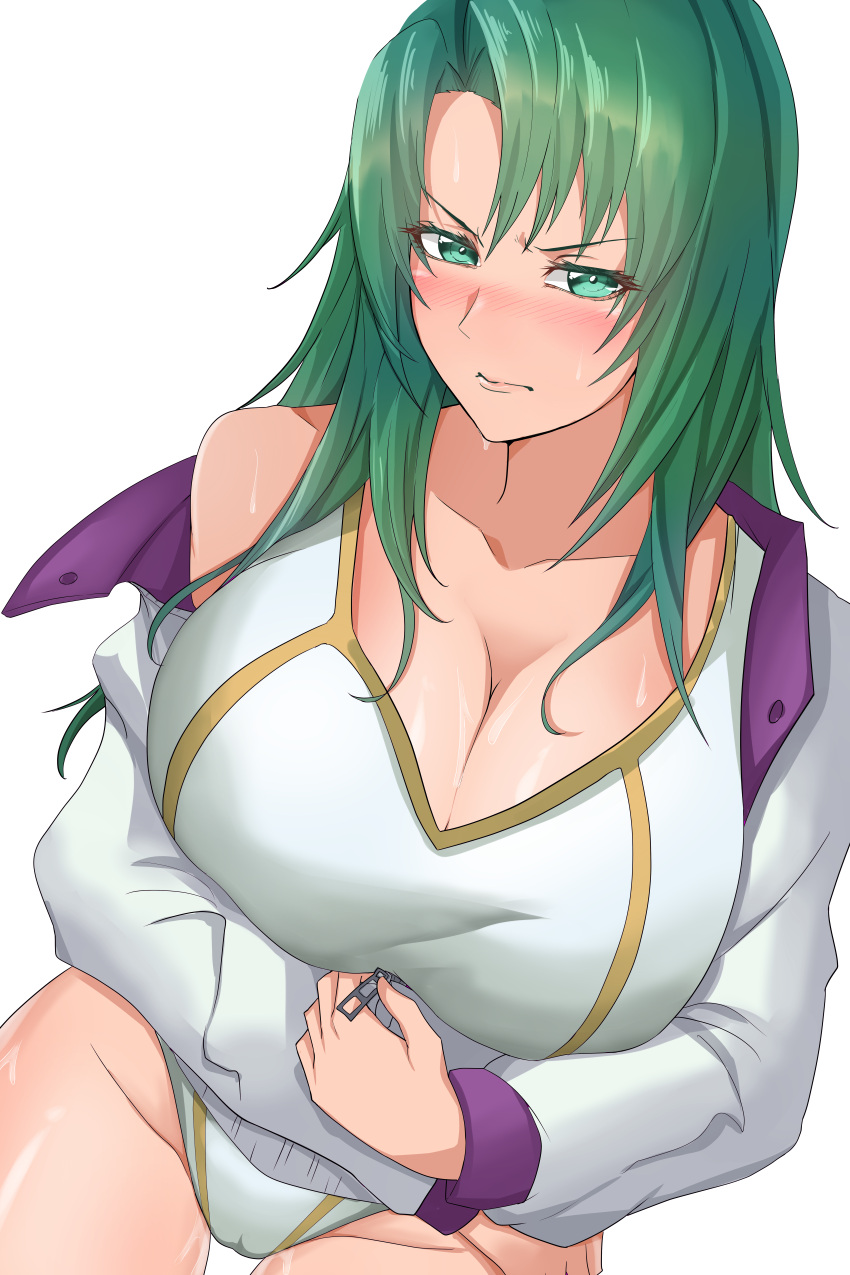 1girls absurdres alternate_costume angry bare_thighs blush breasts busty cameltoe cecilia_(fire_emblem) cleavage closed_mouth collarbone competition_swimsuit embarrassed female female_only fire_emblem fire_emblem:_the_binding_blade green_eyes green_hair groin hana-ko_(kahun9893) highres huge_breasts jacket kahun9893 lips long_hair long_sleeves looking_at_viewer mature mature_female nintendo one-piece_swimsuit parted_bangs partially_visible_vulva pussy_juice simple_background solo sweat swimsuit thighs undressing white_jacket white_one-piece_swimsuit white_swimsuit zipper zipper_pull_tab