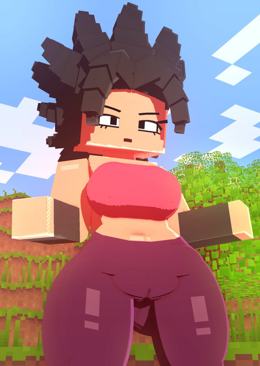 3d 3d_(artwork) big_breasts bikini black_bikini black_hair blush breasts caulifla clothing coresvoid curvy curvy_body curvy_female curvy_figure digital_media_(artwork) dragon_ball_(series) dragon_ball_super female hair hi_res looking_at_viewer mine-imator minecraft saiyan shadow smooth_skin thick_thighs thighs wide_hips