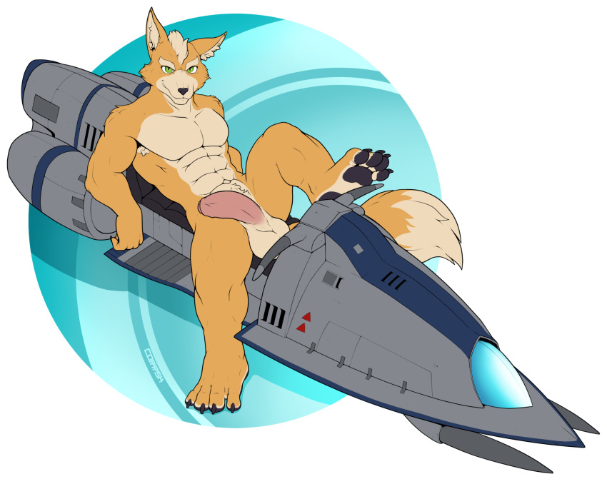 abs anthro armpit_hair balls biceps big_balls big_penis body_hair canid canine claws corrsk digital_media_(artwork) feet fox fox_mccloud fur genitals hi_res hoverbike humanoid_genitalia humanoid_penis looking_at_viewer male mammal muscular muscular_anthro muscular_male nintendo nude pawpads paws pecs penis pubes simple_background sole_male solo star_fox tail toes