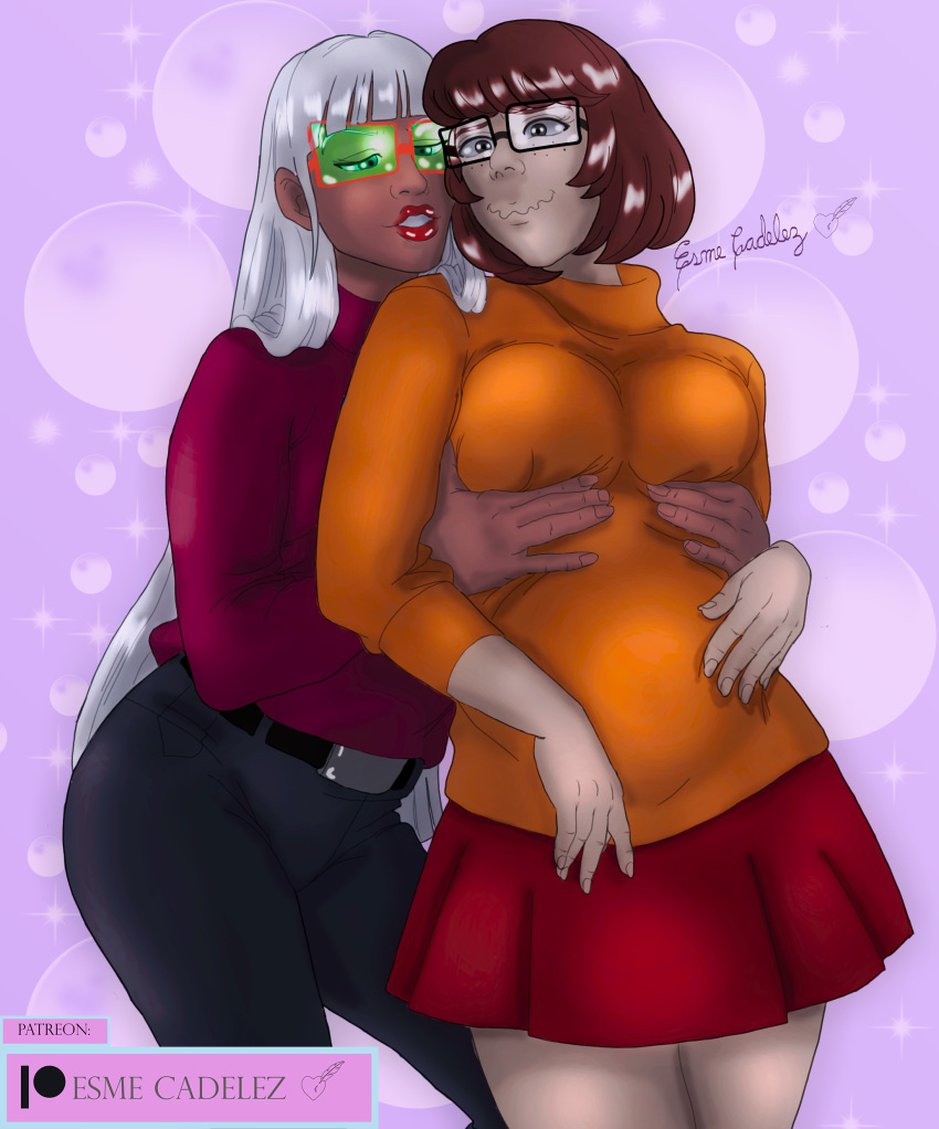 2girls breast_squeeze breasts brown_hair clothed coco_diablo esme_cadelez glasses human lesbian_couple multiple_girls scooby-doo shy skirt turtleneck velma_dinkley very_long_hair white_hair yuri