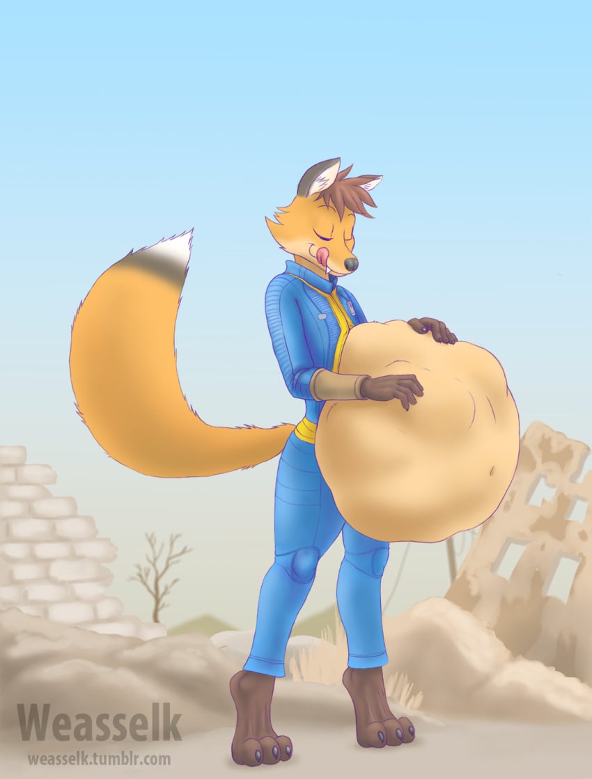 anthro anthropomorphic fallout fallout_(series) female_prey fox fox_ears fox_tail furry licking_lips male_pred one_eye_closed one_eye_half-closed original_character post_vore rubbing_belly satisfied_smile soft_vore swallowed_whole vault_suit vore vore_belly weasselk