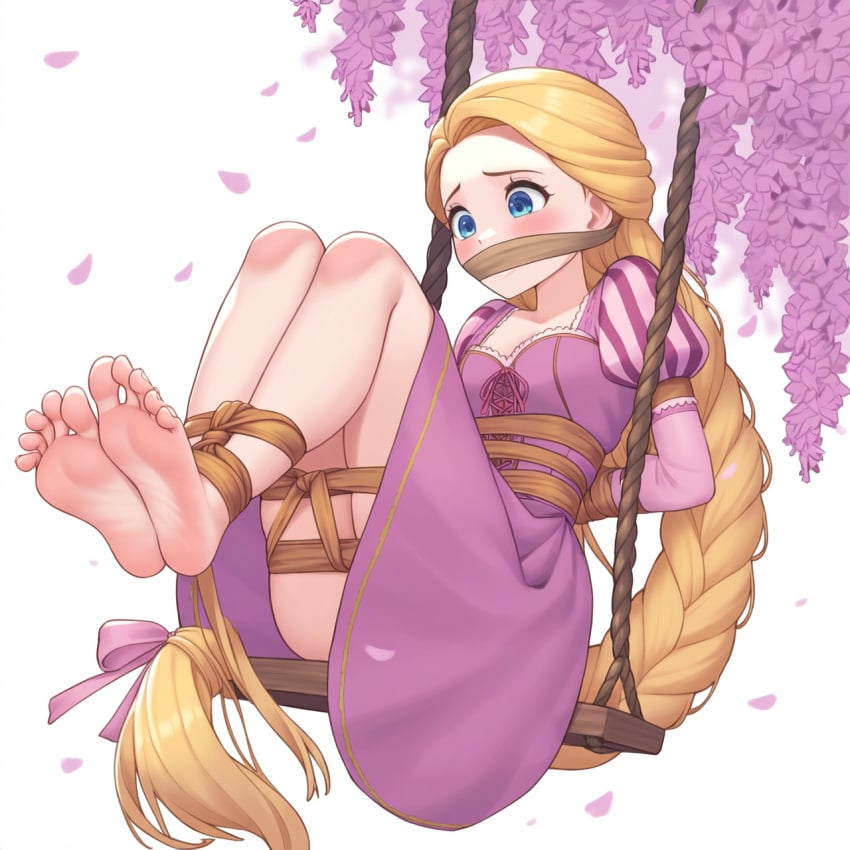 1girls 5_toes absurdly_long_hair ai_generated arms_tied_behind_back barefoot barefooter blackjackmacbastard blonde_hair blue_eyes blush blushing bondage bound_ankles bound_legs dress feet feet_together female female_human female_human_feet foot_fetish foot_focus gag gagged hair_bondage long_hair over_the_mouth_gag pink_dress princess rapunzel soles swing tangled tied tied_up toes very_long_hair