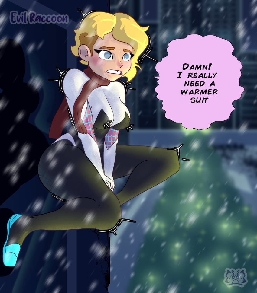 1girls asymmetrical_hair blonde_female blonde_hair blue_eyes blush christmas cold dialogue evil_raccoon gwen_stacy marvel marvel_comics medium_breasts nipple_bulge nipples snow solo spider-gwen spider-man:_across_the_spider-verse spider-man:_into_the_spider-verse white_body white_skin winter