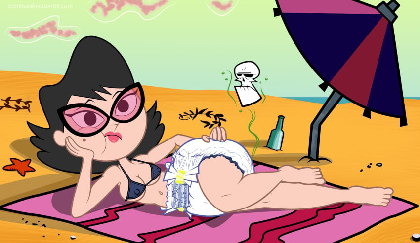 1girls accurate_art_style bikini black_hair breasts diaper eleanor_butterbean female glasses messy_diaper nipple_bulge scat soiling solo solo_female stink_lines the_grim_adventures_of_billy_and_mandy toonbabifier