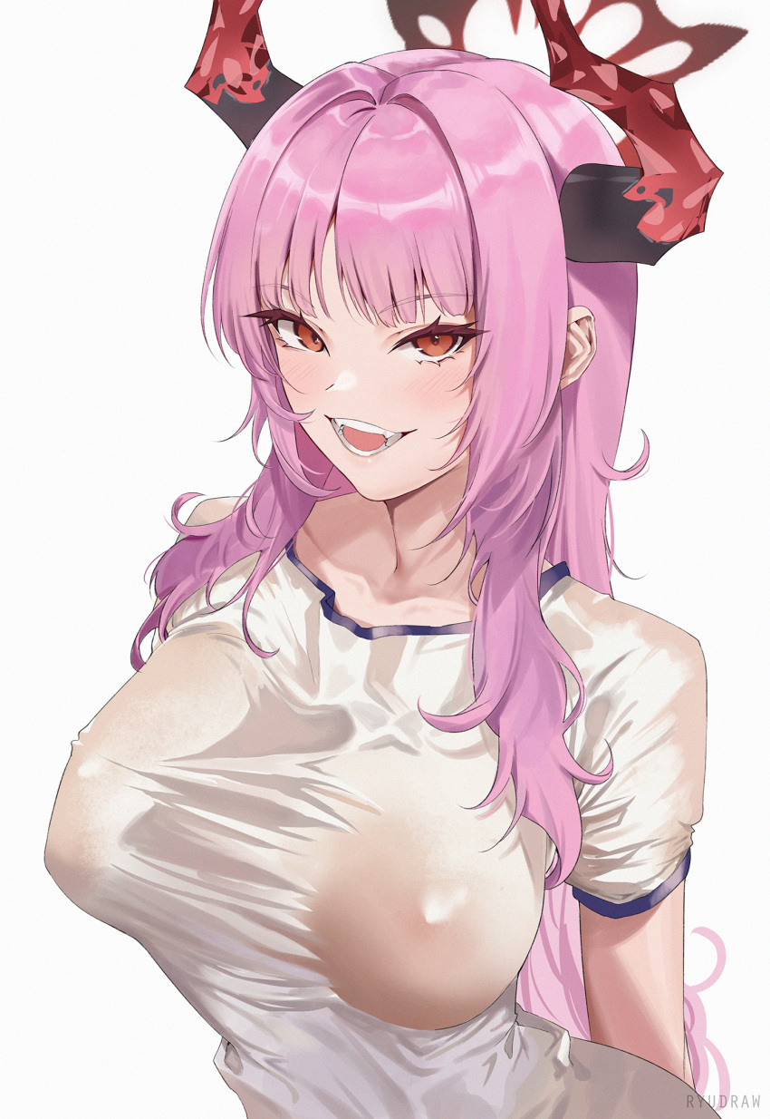 1girls big_breasts blue_archive breasts busty curvaceous curvy curvy_body curvy_female curvy_figure female gehenna_academy_student horns huge_breasts large_breasts pandemonium_society_(blue_archive) pink_hair ryudraw satsuki_(blue_archive) voluptuous wet_clothes wet_clothing wet_shirt white_background