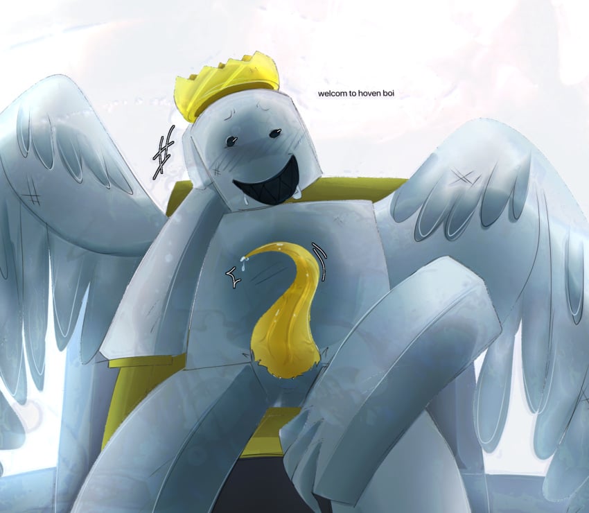 1boy angel angel_wings blocky_body claws english_text male party.exe roblox roblox_game robloxian sharp_teeth sitting smile solo solo_focus source_request tagme tentacle_penis text tikkitobylol wings