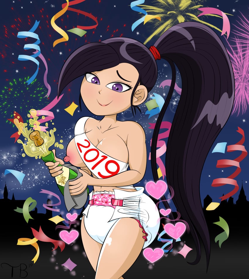 1girls 2019 big_breasts black_hair breasts clean_diaper diaper diaper_critter female new_year solo toonbabifier