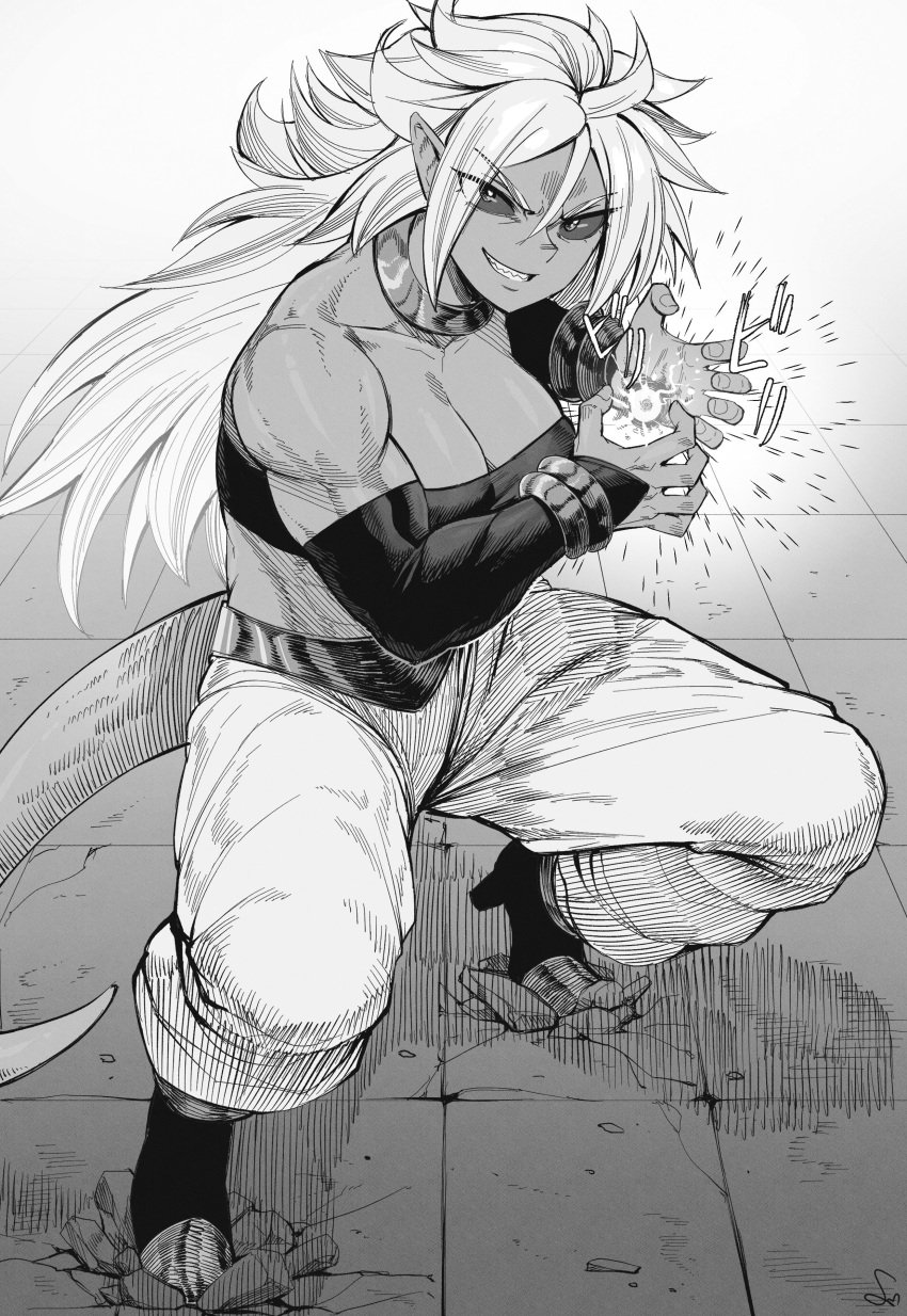 1girls android_21 android_21_(evil) arabian_clothes athletic_female attack big_breasts black_sclera bracelet dragon_ball dragon_ball_fighterz dragon_ball_z female fit_female harem_outfit imminent_attack incoming_attack jewelry kamehameha looking_at_viewer monochrome monster_girl muscular_arms muscular_female pointy_ears smile smiling smiling_at_viewer speedl00ver spiked_hair spiky_hair tail