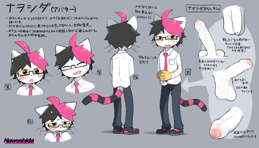 ahoge anthro balls clothing domestic_cat felid feline felis foreskin fur genitals gloves hair handwear hi_res humanoid_genitalia humanoid_penis japanese_text male mammal model_sheet multicolored_hair multicolored_tail nawoshida necktie penis pink_necktie shirt solo tagme tail text topwear translation_request white_body white_clothing white_fur white_shirt white_topwear yellow_clothing yellow_gloves yellow_handwear yerrow_eyes