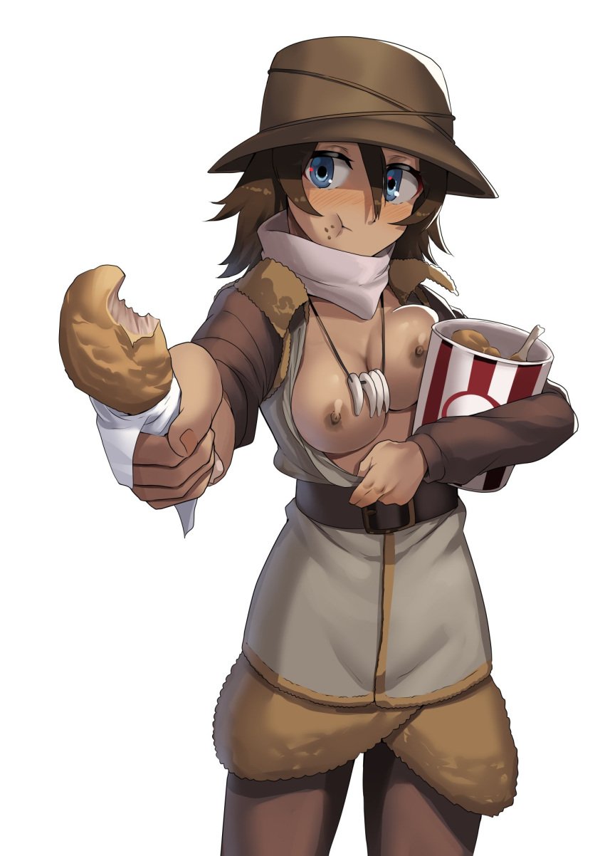 blue_eyes blush breasts breasts_out brown_hair character_request chewing closed_mouth dark_skin eating female food girls_und_panzer hat highres jewelry kfc large_breasts long_hair looking_at_viewer necklace nico-mo nipples no_bra solo