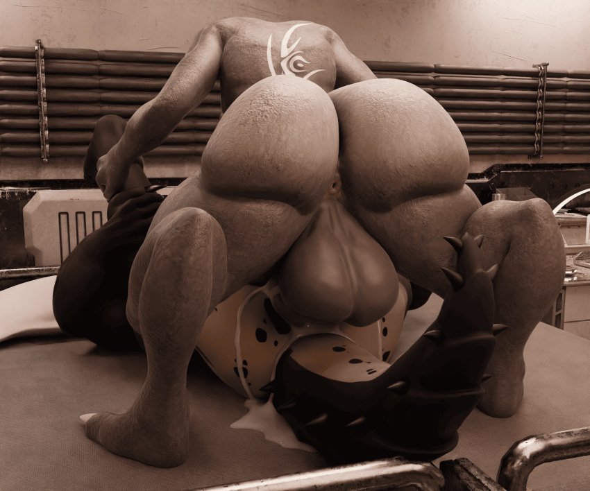 3d 3d_(artwork) alien anthro ass balls bethesda_softworks big_balls big_butt bodily_fluids cum cum_inside deathclaw digital_media_(artwork) dominant duo eyewear fallout from_front_position gabrielarchgod genital_fluids genitals glasses goliath_deathclaw_(subbyclaw) halo halo_(series) hi_res huge_balls huge_butt lying male male/male male_penetrated male_penetrating male_penetrating_male mating_press messy microsoft penetration penis sangheili scalie sex xbox_game_studios