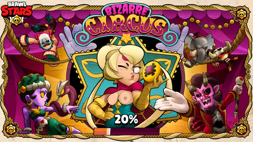 big_breasts bizzare_circus bizzarre black_eyes blonde_hair blue_suit brawl_stars brawler charlie_(brawl_stars) circus game medium_breasts nude nude_female small_boobs small_breasts small_tits title_screen video_games yellow_gloves