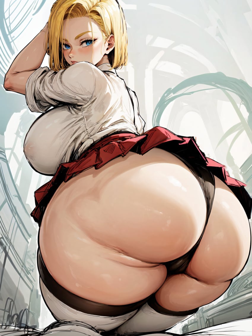 1girls ai_generated alternate_ass_size alternate_body_type alternate_breast_size android_18 ass ass_focus black_panties blonde_hair blue_eyes breasts dat_ass dragon_ball dragon_ball_z female from_behind hips hpeq huge_ass huge_breasts kneeling legs_together light-skinned_female light_skin looking_at_viewer looking_back microskirt panties pantyshot pleated_skirt red_skirt short_hair solo stable_diffusion thick_thighs thighhighs thighs unfinished_background white_shirt white_thighhighs wide_hips