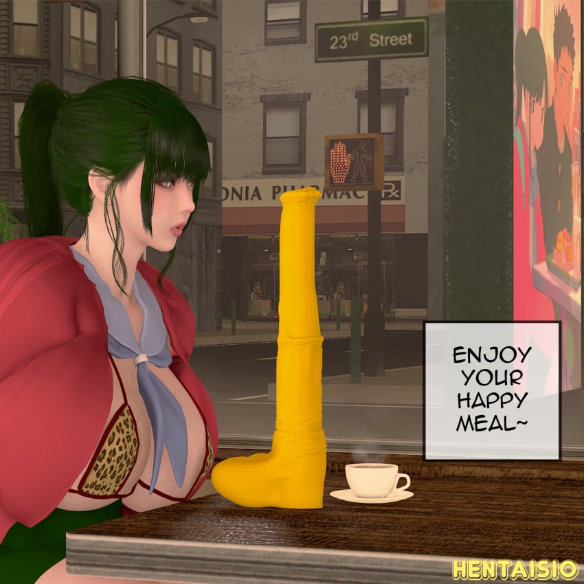 1girls 3d alternate_breast_size background big_breasts bikini bra breasts busty city cityscape coffee coffee_mug curvaceous curvy curvy_body curvy_female curvy_figure detailed_background dialogue dialogue_box dildo english_text female girlfriend_(japanese_mcdonald's_commercial) green_hair hair happy_meal hentaisio horsecock_dildo huge_breasts indoors large_breasts leopard_print leopard_print_bikini long_dildo long_hair mcdonald's mug ponytail reference_image restaurant sex_toy side_view sitting table text upper_body voluptuous window yellow_dildo yoru_mac ~