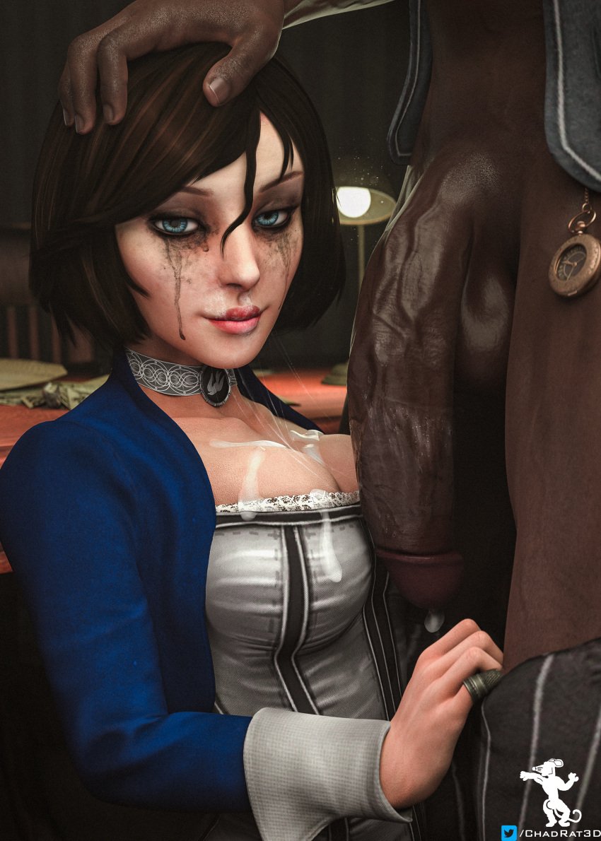 1boy 1girls 3d 3d_(artwork) after_fellatio big_penis bioshock bioshock_infinite black_hair blender breasts chadrat cum cum_on_breasts dark-skinned_male dark_skin elizabeth_comstock eye_contact fellatio female huge_cock human interracial large_penis light-skinned_female light_skin male maledom monster_cock mouthful naughty_dog oral penis petite precum precum_drip runny_makeup saliva saliva_trail seductive_eyes seductive_mouth short_hair smaller_female vein veiny_penis