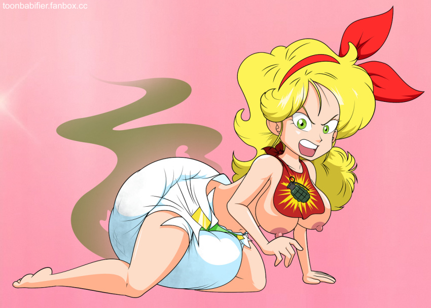 1girls accurate_art_style angry bib big_breasts blonde_hair breasts diaper dragon_ball female green_eyes launch messy_diaper nipples open_mouth scat soiling solo stink_fumes stink_lines toonbabifier