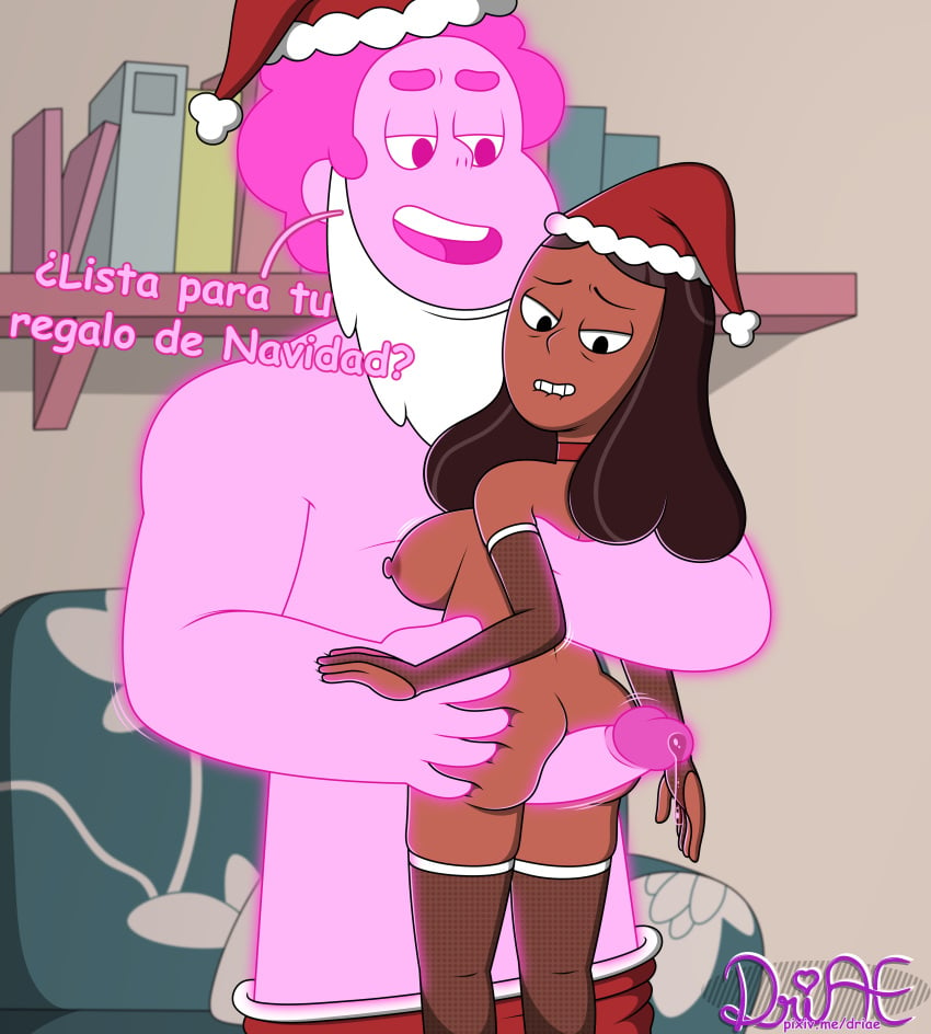 1boy 1girls age_difference alternate_version_available big_breasts big_penis brown_hair cartoon_network driae mature_female milf mother penis_between_thighs pink_body pink_hair pink_skin priyanka_maheswaran santa_hat shiny_skin size_difference smaller_female spanish_text steven_quartz_universe steven_universe taller_male