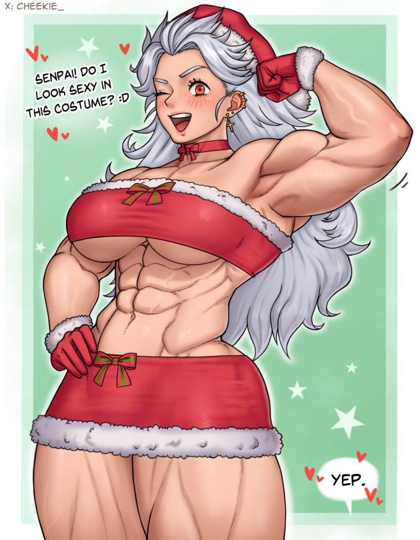 1girls 2023 2d abs blush breasts cheekie0 choker christmas color dialogue dorohedoro ear_piercing earrings english_text female female_only gloves grey_hair hand_on_hip hat headgear headwear heart hi_res large_breasts light-skinned_female light_skin looking_at_viewer microskirt miniskirt muscles muscular muscular_arms muscular_female muscular_thighs navel noi_(dorohedoro) one_eye_closed open_mouth open_smile red_clothing red_eyes red_gloves santa_hat skirt smile smiling_at_viewer solo solo_female speech_bubble talking_to_viewer text thighs underboob wink winking_at_viewer