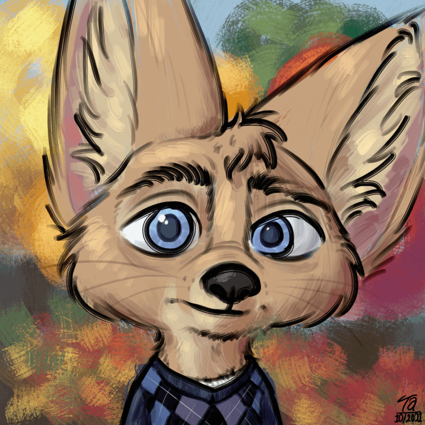 1:1 2021 anthro argyle_(pattern) autumn blue_eyes canid canine clothing danilo_(tangerine) fennec fox fur head_tuft hi_res inner_ear_fluff looking_at_viewer male mammal outside portrait signature solo sweater tan_body tan_fur tangerine_(artist) topwear tuft whiskers