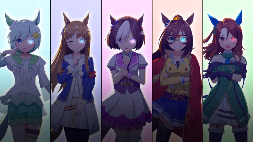 4girls 5girls animal_ears ao_komhur bare_shoulders black_pantyhose black_thighhighs blue_eyes blue_jacket bow bracelet brown_hair buttons clenched_hand commentary_request cowboy_shot crossed_arms domino_mask double-breasted dress ear_bow ear_covers ear_ornament el_condor_pasa_(umamusume) finger_to_mouth frilled_shirt frills glowing glowing_eye golden_generation_(umamusume) gradient_background grass_wonder_(umamusume) green_bow green_dress grey_hair grin hair_between_eyes hair_ornament hairclip holding_own_arm horse_ears horse_girl jacket jewelry king_halo_(umamusume) long_hair long_sleeves looking_at_viewer mask multicolored_hair multiple_girls off-shoulder_dress off_shoulder open_mouth pantyhose ponytail puffy_short_sleeves puffy_sleeves purple_bow purple_eyes red_eyes red_jacket seiun_sky_(umamusume) shirt short_sleeves single_ear_cover sleeveless sleeveless_shirt smile special_week_(umamusume) streaked_hair teeth thigh_strap thighhighs tongue tongue_out umamusume upper_teeth_only white_hair white_shirt white_thighhighs wristband yellow_shirt