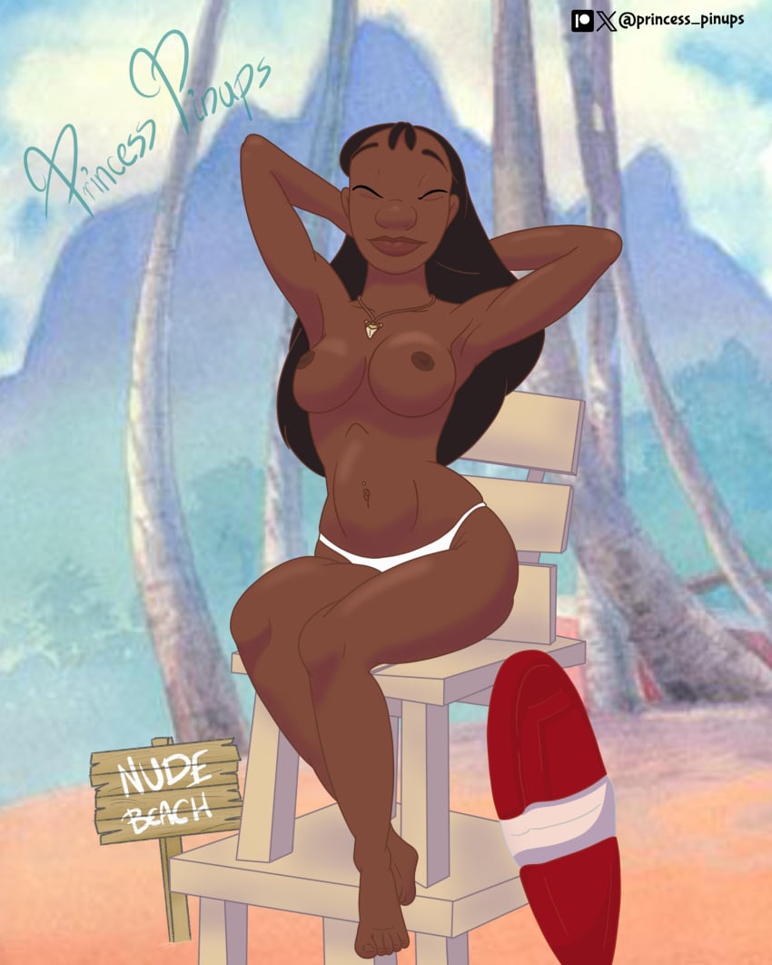 accurate_art_style areolae artstyle_imitation belly_button belly_button_piercing boobs breasts casual casual_topless color dark-skinned_female dark_skin disney exposed_breasts female hawaiian human lifeguard lilo_and_stitch nani_pelekai necklace nipples nude_beach princess_pinups public sitting_on_chair tits topless topless_female white_panties