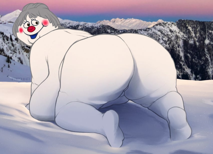 animate_inanimate anthro band1tnsfw blush crystal_(frosty) digital_drawing_(artwork) digital_media_(artwork) elemental_creature female female_anthro female_focus frosty_the_snowman grey_hair hair hi_res mineral_fauna mountain overweight overweight_anthro overweight_female portrait red_nose snow snow_creature snowman snowwoman solo thick_thighs white_body white_skin wide_hips