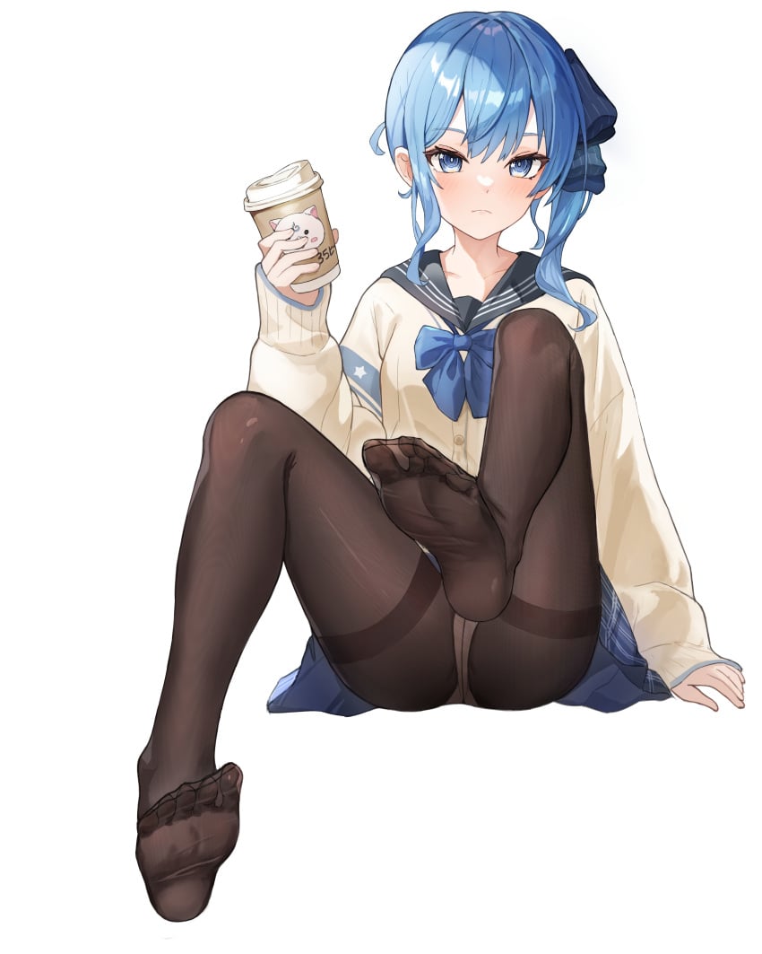 35p_(sakura_miko) absurdres arm_support black_pantyhose black_sailor_collar blue_bow blue_bowtie blue_eyes blue_hair blue_ribbon blue_skirt blush bow bowtie cardigan closed_mouth coffee_cup commentary_request cup disposable_cup feet female foot_focus hair_between_eyes hand_up highres holding holding_cup hololive hololive_gen_0 hololive_japan hoshimachi_suisei invisible_chair knee_up legs light_frown long_sleeves looking_at_viewer medium_hair no_shoes panties panties_under_pantyhose pantyhose pantyshot plaid plaid_skirt ribbon sailor_collar school_uniform side_ponytail sidelocks simple_background sitting skirt sleeves_past_wrists soles solo star_(symbol) star_in_eye suis_(suis022511) symbol_in_eye thighband_pantyhose toes underwear virtual_youtuber white_background white_cardigan