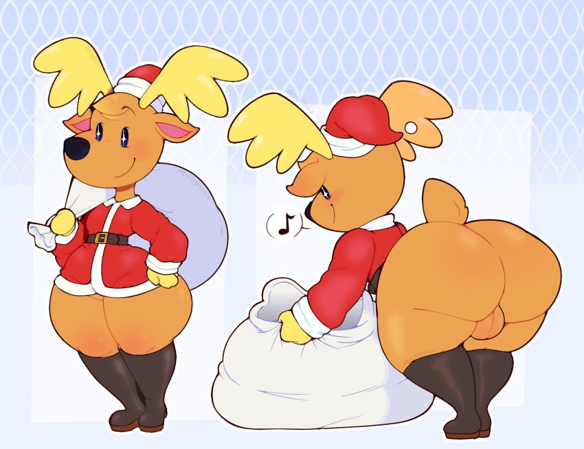 1boy animal_crossing anthro balls bending_over christmas christmas_outfit deer dozighost huge_ass huge_thighs jingle_(animal_crossing) male_only reindeer self_upload solo unaware