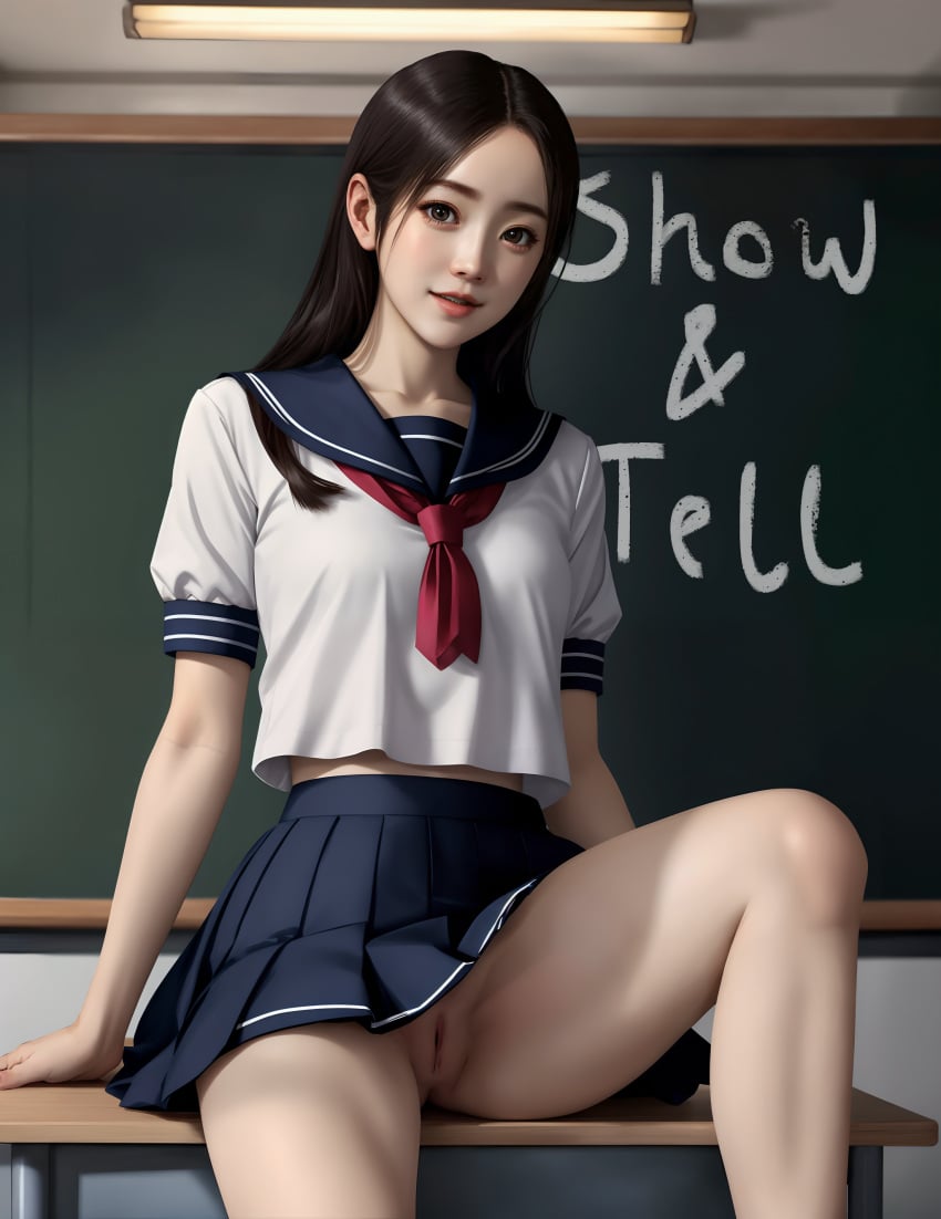 1girls 2020s 2023 ai_generated asian asian_female black_hair blt_killer blue_skirt bottomless_skirt brown_eyes casual casual_nudity chalkboard classroom clothing collarbone desk english_text exhibitionism female female_only flashing hairless_pussy hi_res high_resolution highres human human_only indoors inside light-skinned_female light_skin long_hair looking_at_viewer no_panties partially_clothed petite presenting presenting_pussy public public_nudity pussy raised_leg ryuu_ga_gotoku sawamura_haruka school school_uniform schoolgirl serafuku short_sleeves sitting skinny skirt skirt_lift slim small small_breasts smile smiling smiling_at_viewer solo solo_female solo_focus stable_diffusion teenage_girl teenager text thighs uncensored upskirt vagina young