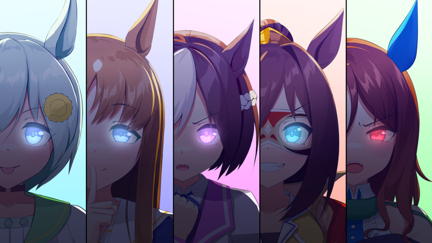 4girls 5girls animal_ears ao_komhur bare_shoulders blue_eyes blue_jacket brown_hair clenched_hand commentary_request domino_mask ear_covers el_condor_pasa_(umamusume) finger_to_mouth frilled_shirt frills glowing glowing_eyes golden_generation_(umamusume) gradient_background grass_wonder_(umamusume) grey_hair grin hair_between_eyes hair_ornament hairclip horse_ears horse_girl jacket king_halo_(umamusume) long_hair looking_at_viewer mask multicolored_hair multiple_girls open_mouth ponytail puffy_short_sleeves puffy_sleeves purple_eyes red_eyes red_jacket seiun_sky_(umamusume) shirt short_sleeves sleeveless sleeveless_shirt smile special_week_(umamusume) streaked_hair teeth tongue tongue_out umamusume upper_body upper_teeth_only white_hair white_shirt yellow_shirt