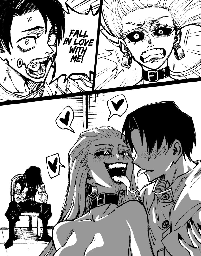 1boy 2girls before_and_after belt_choker burn_scar clenched_teeth clothed_male command cuck cuck_chair cuckold cuckolding cuckquean defeated dingotoad earrings french_kiss french_kissing hands_on_face heart heart-shaped_pupils instant_loss jujutsu_kaisen kissing meme mind_control muscular_female netori ntr nude_female scar short_hair smiling speech_bubble spit_trail time_skip tongue_kiss tongue_out uro_takako voyeur voyeurism watching yuta_okkotsu zenin_maki