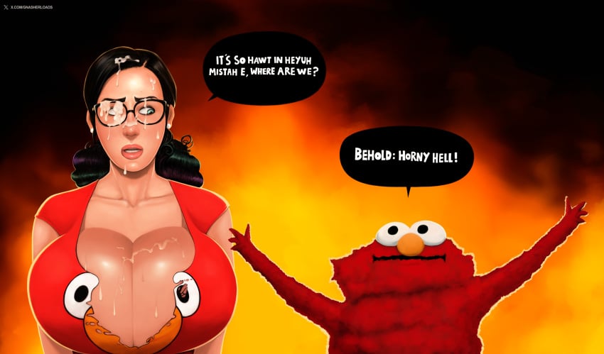 big_breasts black_hair blue_eyes breasts celebrity cleavage cum cum_on_breasts cum_on_face cum_on_glasses dyed_hair elmo eyebrows glasses gnashershells katy_perry looking_to_the_side massive_breasts maureen_diccico nerd nerdy_female open_mouth ripped_clothing ripped_shirt saturday_night_live sesame_street speech_bubble sweat sweatdrop sweating text twintails worried