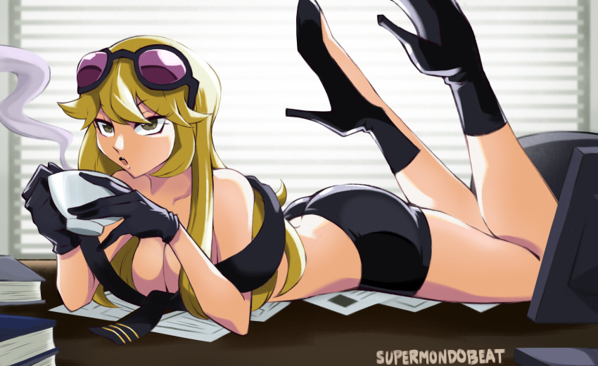 artist_name black_shorts blonde_hair book breasts brown_eyes cup digimon digimon_story digimon_story:_cyber_sleuth eyewear_on_head female high_heels highres human kyouko_kuremi large_breasts long_hair office paper scarf shorts solo sunglasses supermondobeat table tagme topless